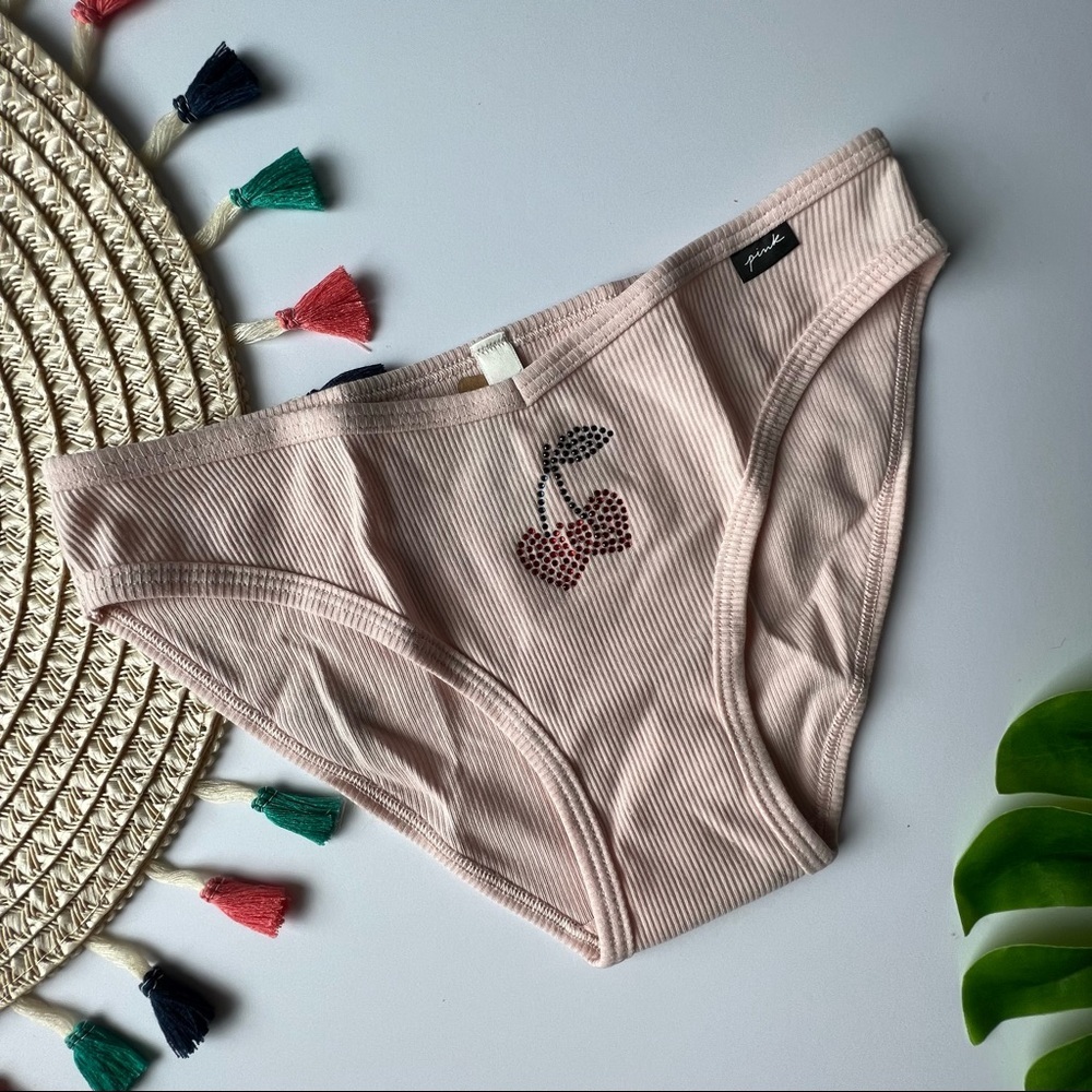 Victoria's Secret PINK Cotton Bikini Panty Peach Tint With V-Day Cherry S NEW